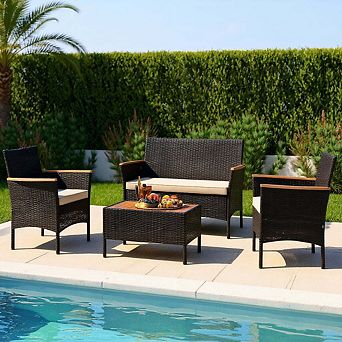4 pc Brown Wicker Patio Sofa Set with 2 Rattan Chairs, Loveseat and Coffee Table