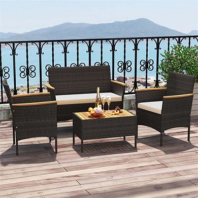 4 Pieces Brown Wicker Patio Sofa Set with 2 Rattan Chairs, Loveseat and Coffee Table