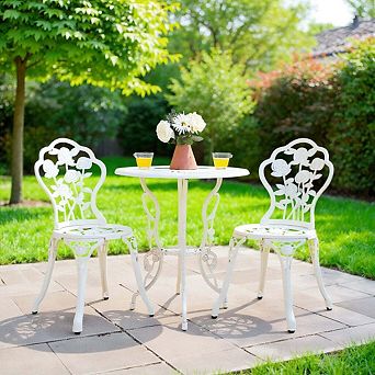 White Cast Aluminum Patio Conversation Set with Elegant Rose Pattern Design