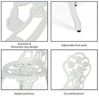 White Cast Aluminum Patio Conversation Set with Elegant Rose Pattern Design