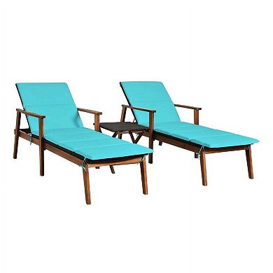 3 Pieces Turquoise Portable Rattan Lounge Chair Set with Folding Side Table