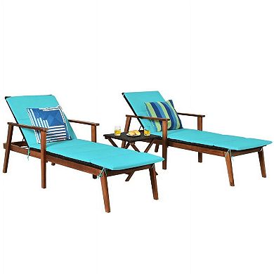 3 Pieces Turquoise Portable Rattan Lounge Chair Set with Folding Side Table