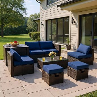 8 pc Navy Space-Saving Rattan Patio Set with Storage Box and Waterproof Cover
