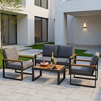 4 pc Gray Aluminum Patio Furniture Set with Ergonomic Armrests & Tabletop