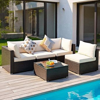 5 pc White All Weather Cushioned Rattan Patio Sectional Set with Tempered Glass Table