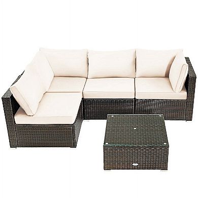 5 Pieces White All Weather Cushioned Rattan Patio Sectional Set with Tempered Glass Table