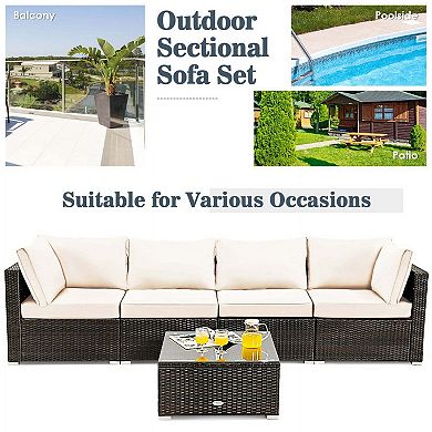 5 Pieces White All Weather Cushioned Rattan Patio Sectional Set with Tempered Glass Table