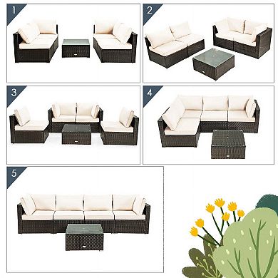 5 Pieces White All Weather Cushioned Rattan Patio Sectional Set with Tempered Glass Table