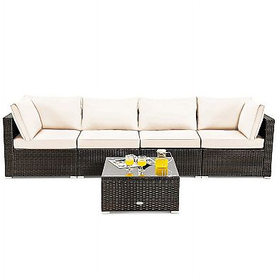 5 Pieces White All Weather Cushioned Rattan Patio Sectional Set with Tempered Glass Table