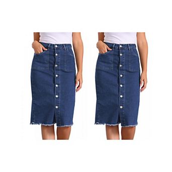 2 Packs Women's Casual Button Down Denim Skirt High Waist Frayed Raw Hem Jean Midi Skirt