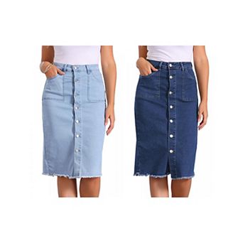 2 Packs Women's Casual Button Down Denim Skirt High Waist Frayed Raw Hem Jean Midi Skirt