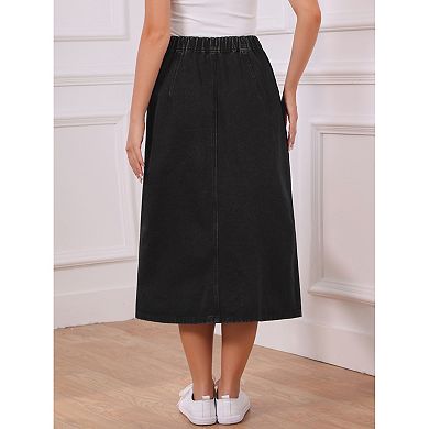 2 Packs Women's Denim Skirt Button Down Front Slit High Waisted Pockets A Line Midi Jean Skirts