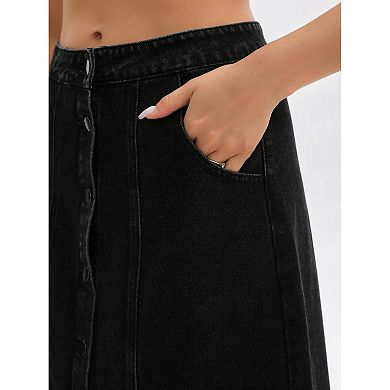 2 Packs Women's Denim Skirt Button Down Front Slit High Waisted Pockets A Line Midi Jean Skirts