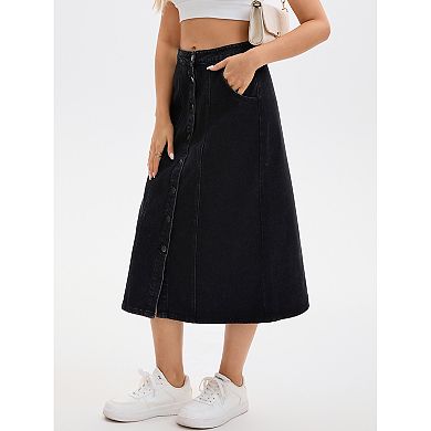 2 Packs Women's Denim Skirt Button Down Front Slit High Waisted Pockets A Line Midi Jean Skirts