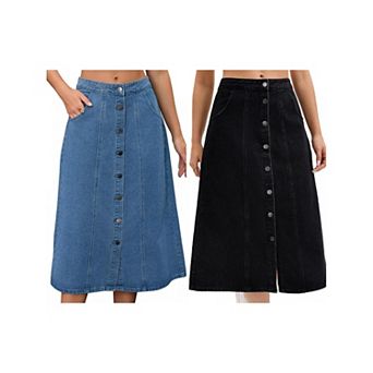 2 Packs Women's Denim Skirt Button Down Front Slit High Waisted Pockets A Line Midi Jean Skirts
