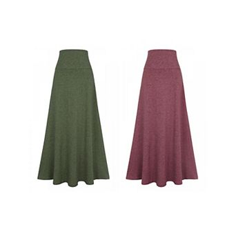 2 Packs Women's Maxi Skirts High Waisted Solid Stretch Lightweight Flowy Flare Casual Long Skirt