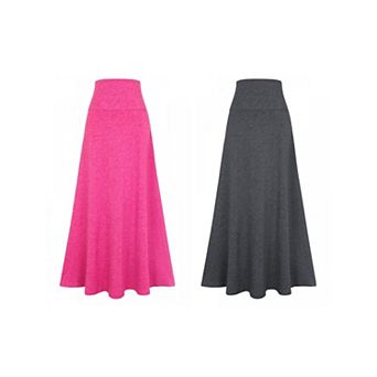 2 Packs Women's Maxi Skirts High Waisted Solid Stretch Lightweight Flowy Flare Casual Long Skirt