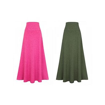 2 Packs Women's Maxi Skirts High Waisted Solid Stretch Lightweight Flowy Flare Casual Long Skirt