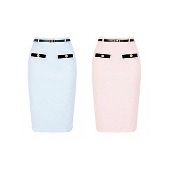 2 Packs Women's Tweed Pencil Skirt Knee Length High Waisted Skirts Button Decor Work Skirt with Belt