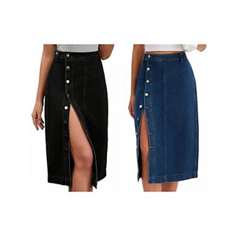 2 Packs Women Denim Midi Skirt High Waisted Button Up Casual Slit Jean Skirts