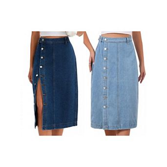 2 Packs Women Denim Midi Skirt High Waisted Button Up Casual Slit Jean Skirts