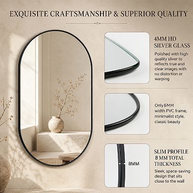 Black PVC Frame Oval Wall Mirror for Bathroom Living Room, 16x36 Inch, Horizontal or Vertical