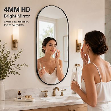 Black PVC Frame Oval Wall Mirror for Bathroom Living Room, 16x36 Inch, Horizontal or Vertical
