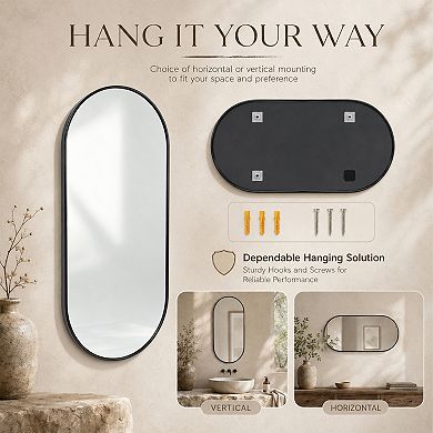 Stylish Oval Black PVC Frame Mirror 18x40 Inch, Horizontal or Vertical Hanging for Bathroom