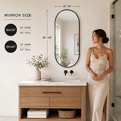 Stylish Oval Black PVC Frame Mirror 18x40 Inch, Horizontal or Vertical Hanging for Bathroom