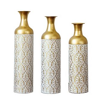 Gold White Metal Vase Set of 3, Tall Cylinder Flower Vases with Embossed Pattern
