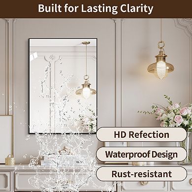 24x32 Inch Black Aluminum Rectangular Framed Bathroom Mirror, Horizontal and Vertical