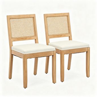 Farmhouse Rattan Dining Chairs Set of 2, Cane Back, Solid Wood Frame Linen Upholstery