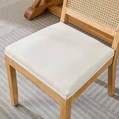 Farmhouse Rattan Dining Chairs Set of 2, Cane Back, Solid Wood Frame Linen Upholstery
