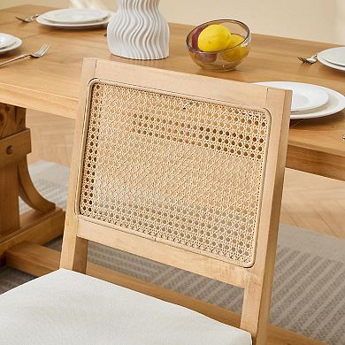 Farmhouse Rattan Dining Chairs Set of 2, Cane Back, Solid Wood Frame Linen Upholstery