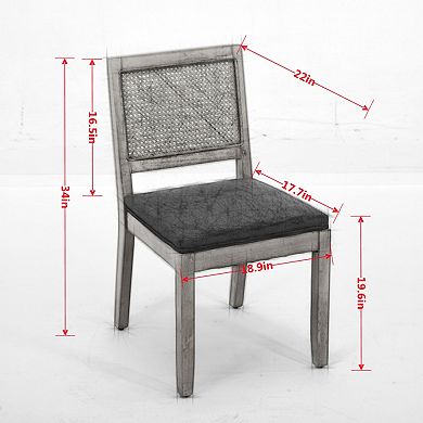 Farmhouse Rattan Dining Chairs Set of 2, Cane Back, Solid Wood Frame Linen Upholstery