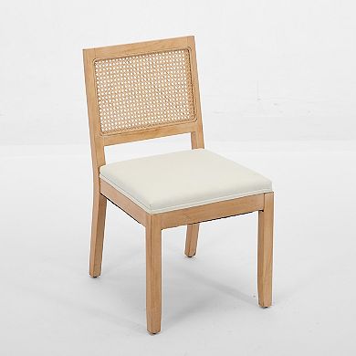 Farmhouse Rattan Dining Chairs Set of 2, Cane Back, Solid Wood Frame Linen Upholstery