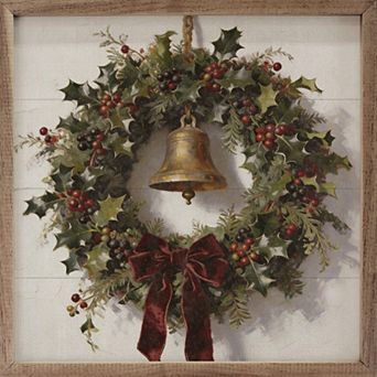 Kendrick Home Bells & Evergreen Artificial Wreath Framed Wall Art