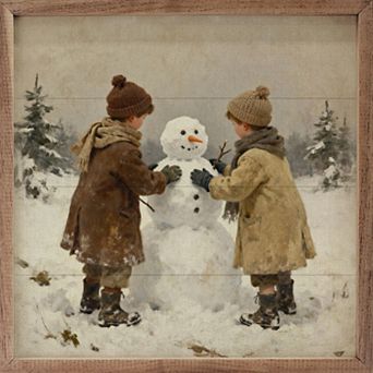Kendrick Home Kids Building Snowman Framed Wall Art