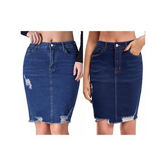 2 Packs Women's Denim Skirt Ripped Raw Hem High Waisted Stretch Above the Knee Jean Skirts
