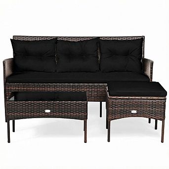 Costway 3 pc Patio Rattan Furniture Set 3-Seat Sofa Cushioned Table Garden