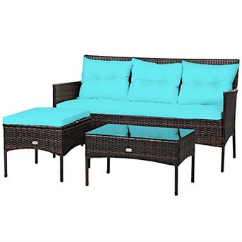Costway 3 pc Patio Rattan Furniture Set 3-Seat Sofa Cushioned Table Garden