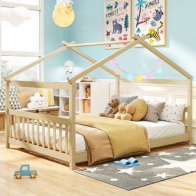Costway House Bed Frame with Roof Wooden Low Floor Bed No Box Spring Needed
