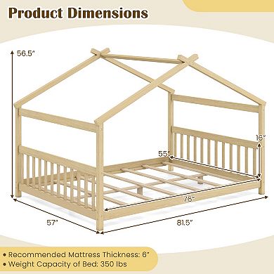 Costway House Bed Frame with Roof Wooden Low Floor Bed No Box Spring Needed