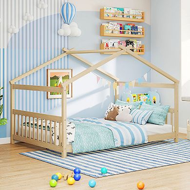 Costway House Bed Frame with Roof Wooden Low Floor Bed No Box Spring Needed