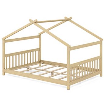 Costway House Bed Frame with Roof Wooden Low Floor Bed No Box Spring Needed