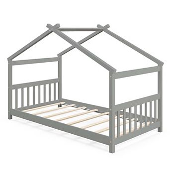 Costway House Bed Frame with Roof Wooden Low Floor Bed No Box Spring Needed