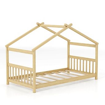 Costway House Bed Frame with Roof Wooden Low Floor Bed No Box Spring Needed