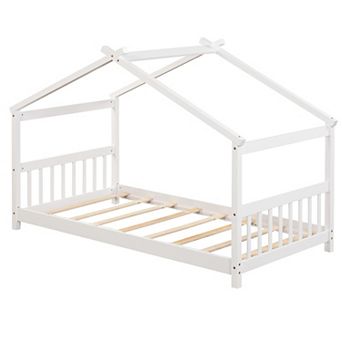 Costway House Bed Frame with Roof Wooden Low Floor Bed No Box Spring Needed