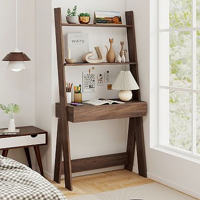 Costway Home Office Ladder Desk Wall-Leaning Laptop Workstation with Storage Shelves