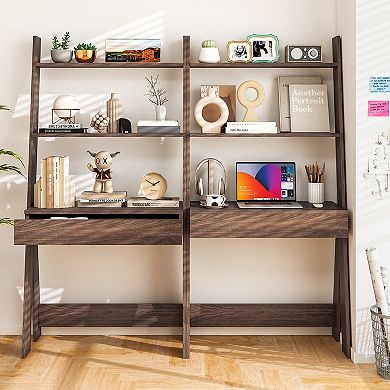 Costway Home Office Ladder Desk Wall-Leaning Laptop Workstation with Storage Shelves